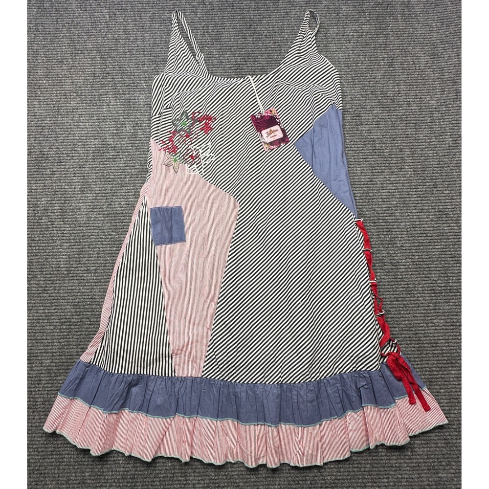 Joe Browns Patchwork Dress Women US 10 Multicolor Stripe Floral Embroider Ruffle